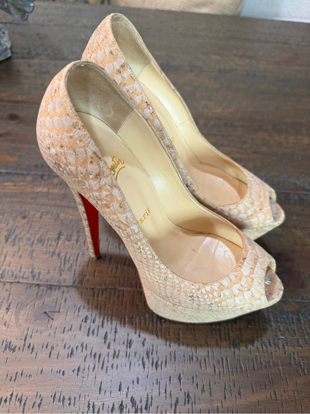 Christian Louboutin Very Prive 120 Python Peep Toe Pumps Nude Size 38